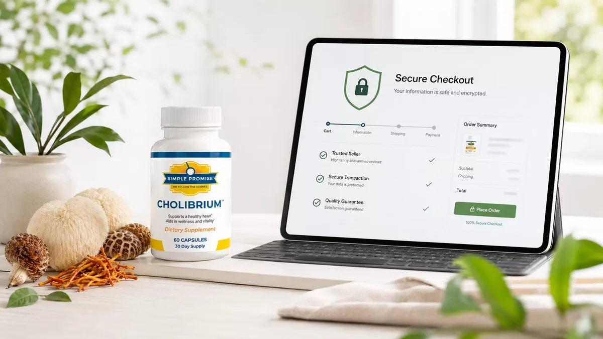 Cholibrium bottle beside a laptop displaying a secure online checkout screen