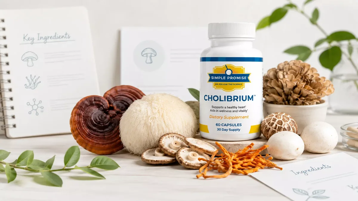 Cholibrium bottle displayed with medicinal mushrooms and ingredient notes