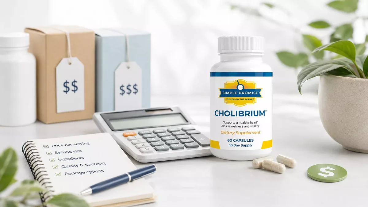 Cholibrium bottle beside a calculator, price comparison notes, and supplement packages