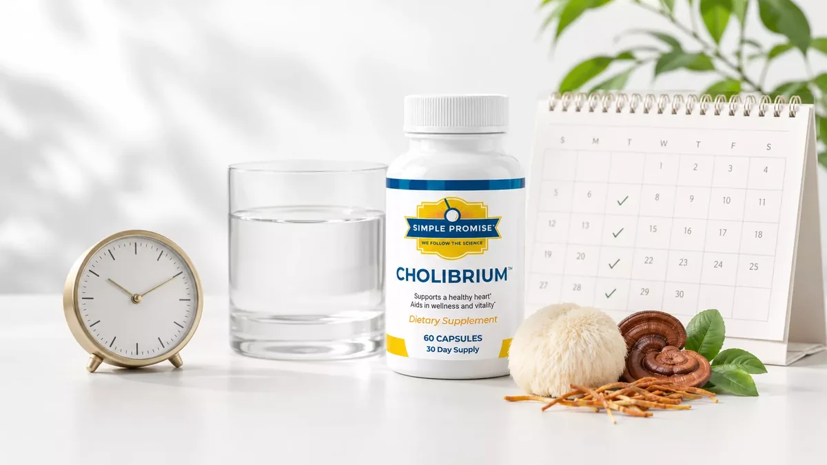 Cholibrium bottle beside a clock, calendar, water, and medicinal mushrooms