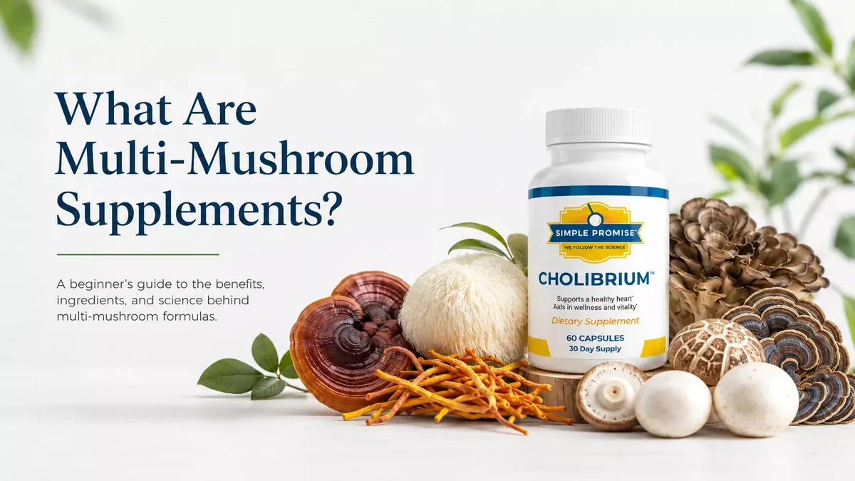 Cholibrium bottle surrounded by assorted medicinal mushrooms on a bright neutral background