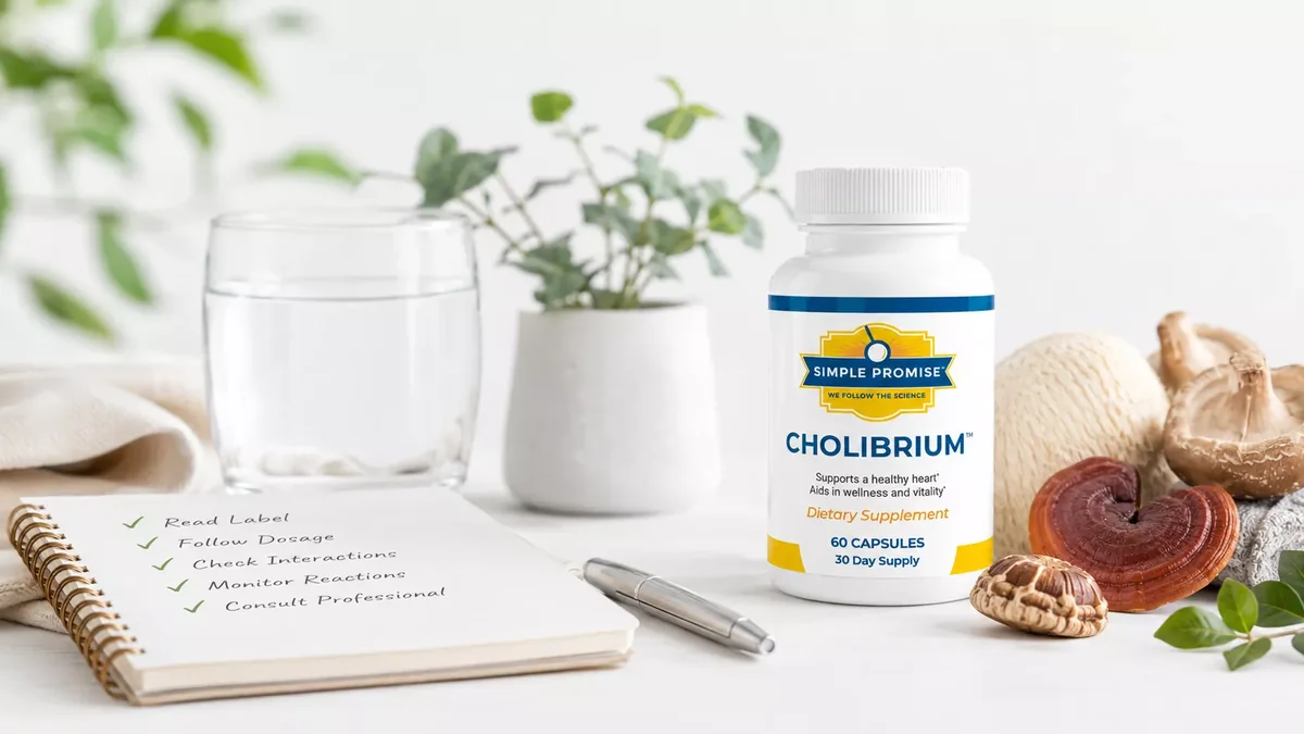Cholibrium bottle beside water, medicinal mushrooms, and a supplement safety checklist