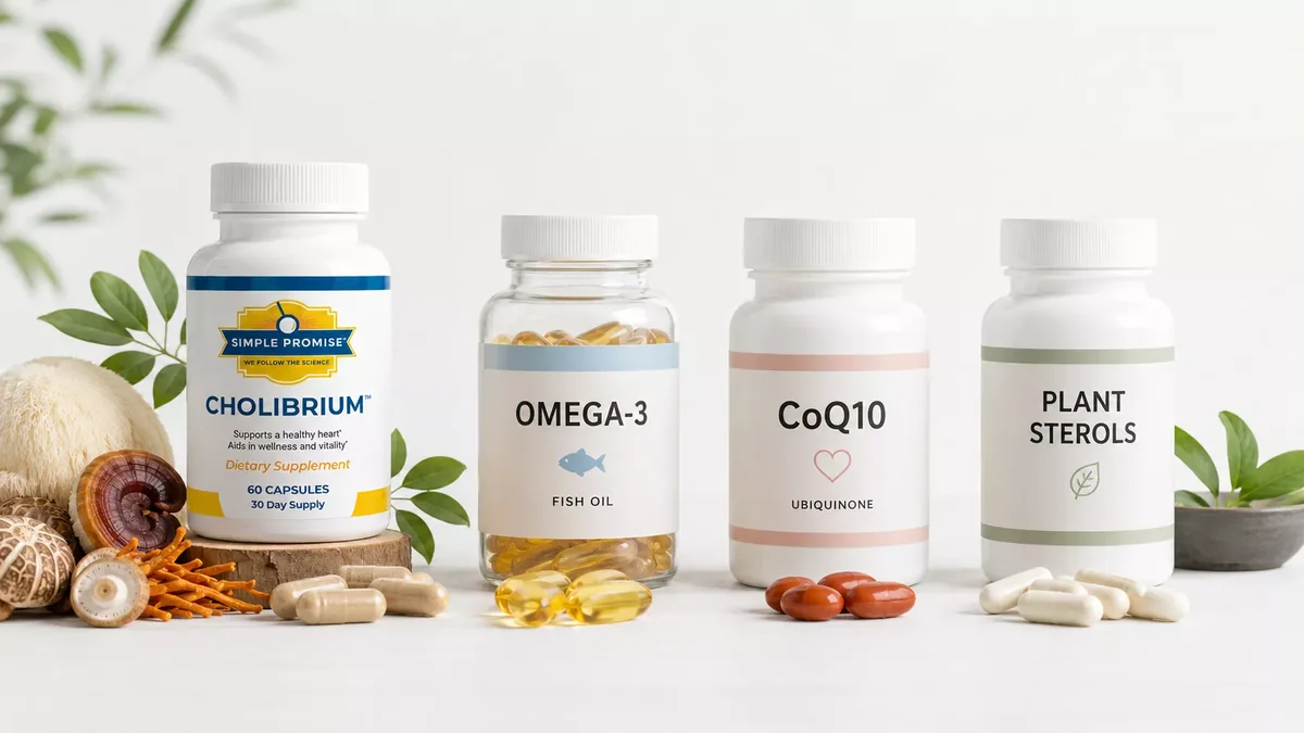 Cholibrium bottle compared with generic omega-3, CoQ10, and plant sterol supplement bottles
