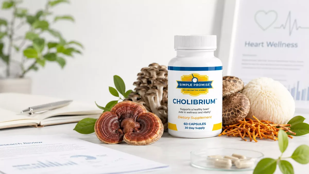 Cholibrium bottle and medicinal mushrooms beside heart-health research materials