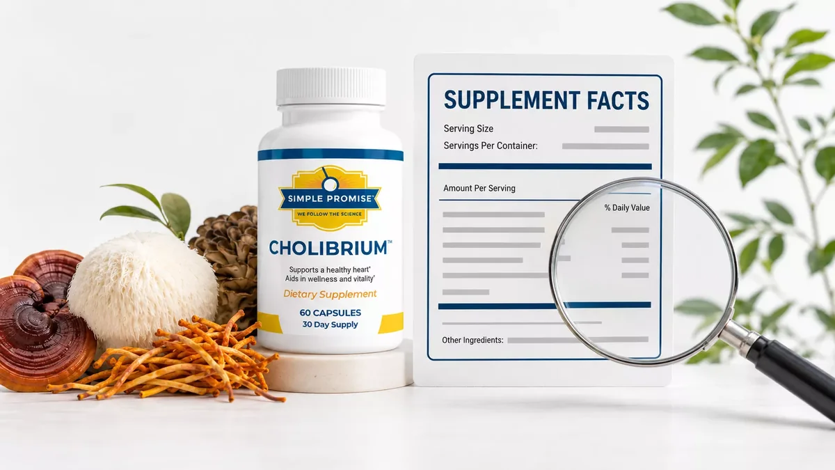 Cholibrium bottle beside a Supplement Facts panel viewed through a magnifying glass