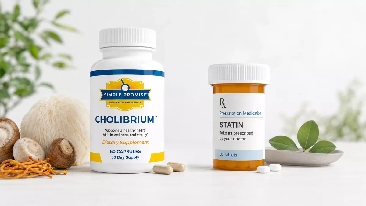 Cholibrium supplement bottle shown beside a neutral prescription statin bottle for comparison
